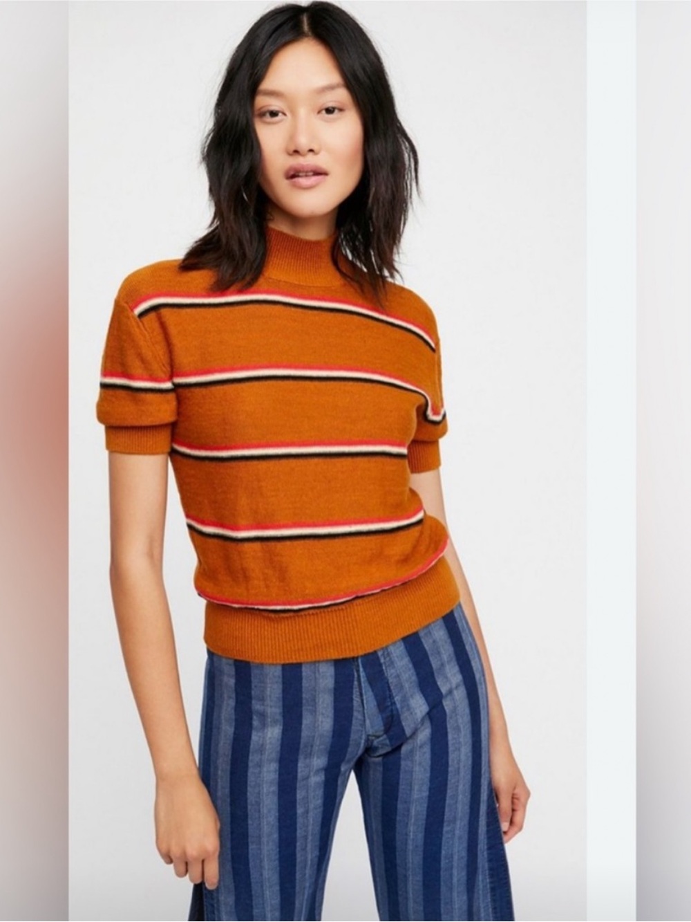Free People Mustard Stripe Short Sleeve Sweater